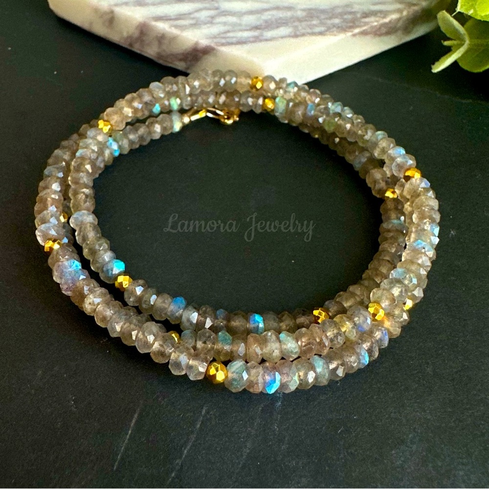 Labradorite Necklace Beaded Gold Long Necklace